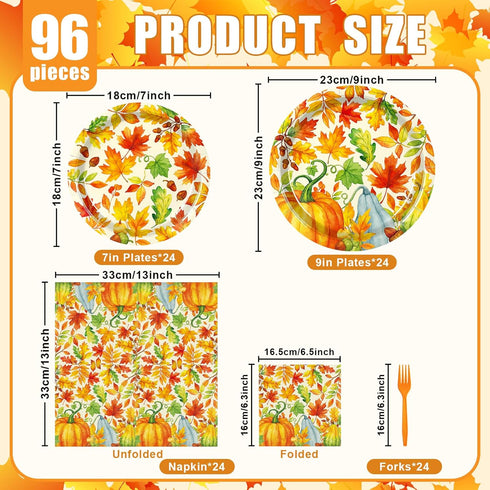 Temicle 96 Set 24 Pieces Fall Thanksgiving Tableware Pumpkin and Autumn Leaves Disposable Plates, Napkins, and Forks