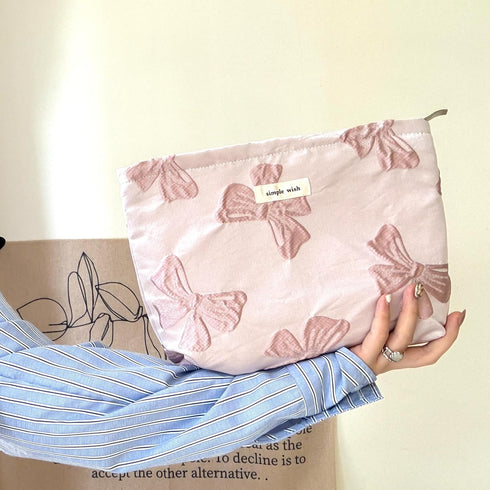 Makeup Bag Cosmetic bag Preppy Canvas Toiletry Bag for women Cute zipper pouch Organizer Travel accessories (Medium Pink Bow, Large)