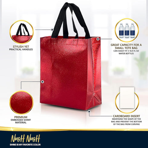 Nush Nush Red Gift Bags, Medium Size Set of 12, Shiny Reusable Gift Bags with Handles, Birthday Party Favors