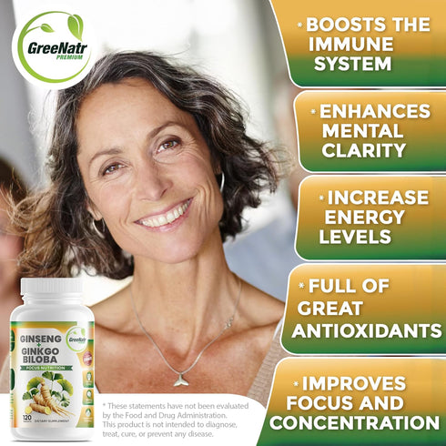 Ginko Biloba & Panax Ginseng Supplement - Red Ginseng Brain Supplement for Memory, Focus, and Good Vision - 120 Tablets