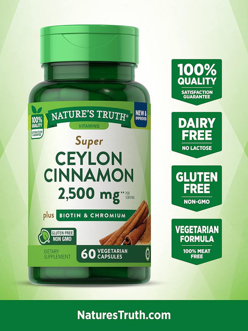 Ceylon Cinnamon Capsules | 2500mg | 60 Count | Vegetarian, Non-GMO, Gluten Free Supplement with Chromium and Biotin