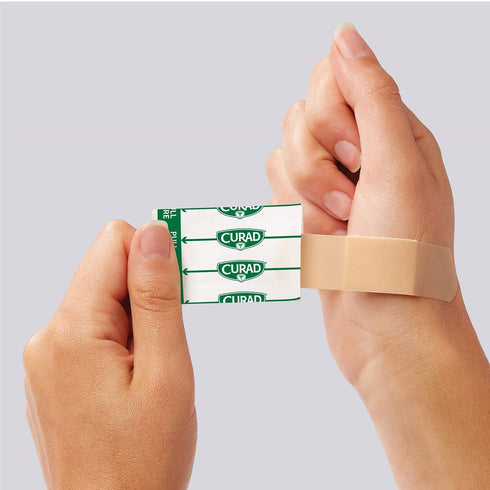 Wrapper.75" 3", 30 Count Curad Germ Shield Touch-Free Adhesive Bandage, Plastic Bandage with Easy Application x