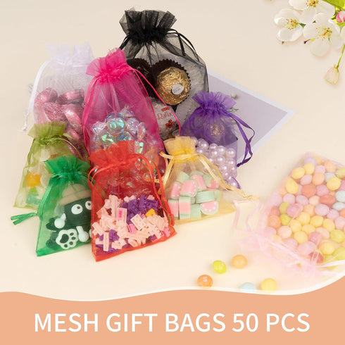 Crweety 50 Pcs Hot Pink Organza Gift Bags - 6x9 Inch Drawstring Jewelry Pouch Bags for Wedding Party Favors