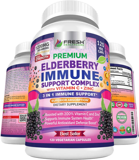 FRESH HEALTHCARE Elderberry Capsules, High Potency Black Elderberry with Zinc and Vitamin C for Immune Support