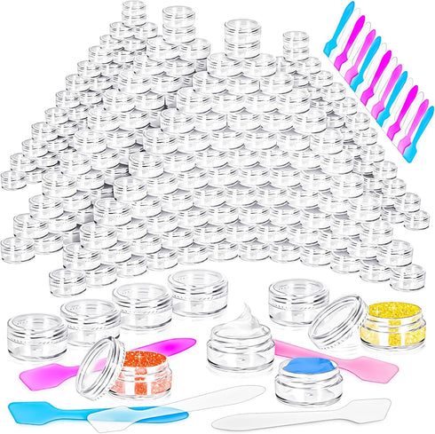MotBach 100 Pcs 5g Empty Plastic Containers, Mini Makeup Sample Jars with Clear Lids and Mini Spatulas