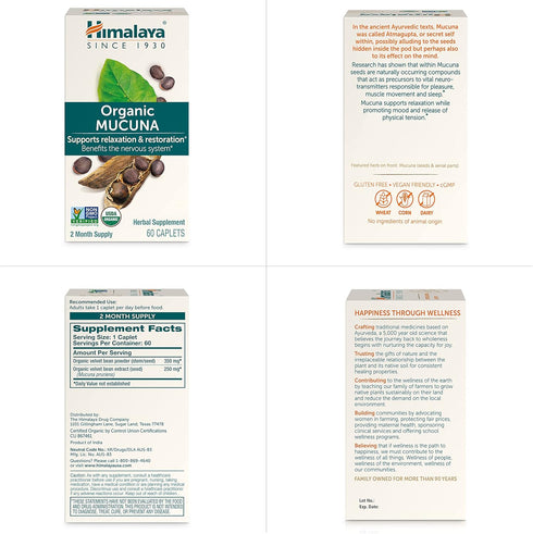 Himalaya Organic Mucuna/Pruriens Herbal Supplement, 600 mg, 60 Plant-Caplets, Non-GMO, Vegan