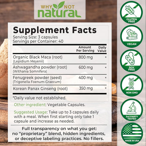 Why Not Natural 4-in-1 Organic Black Maca Root, Ashwagandha, Fenugreek, Panax Ginseng Capsules, Supplement for Men and Women (120 Count (Pack of 1)