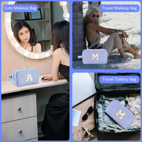 Personalized Initial Makeup Bag A-Z - Travel Toiletry Bag, Cute Cosmetic Pouch for Women, Blue, M