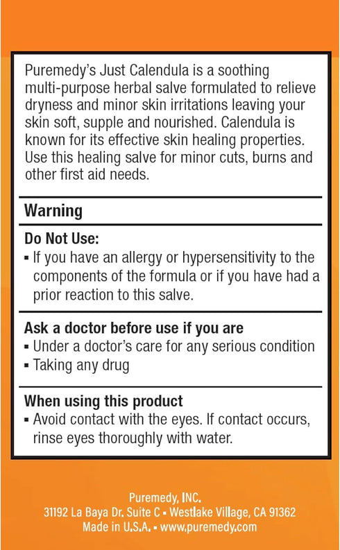 Puremedy Just Calendula Herbal Salve for Dry Skin & Irritations - Natural Organic Ointment (1 Ounce)