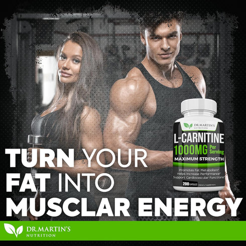 DR. MARTIN'S NUTRITION Extra Strength L-Carnitine - 200 Capsules - 1000mg Per Serving - Increase Performance & Boost