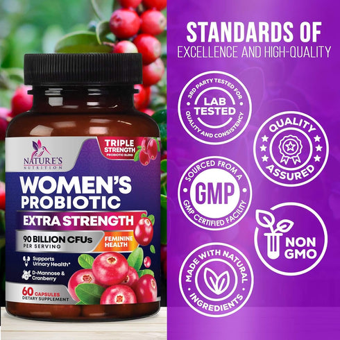 Probiotics for Women with Prebiotics - 90 Billion CFU, 16 Strains, Cranberry & D-Mannose - 60 Capsules for Health