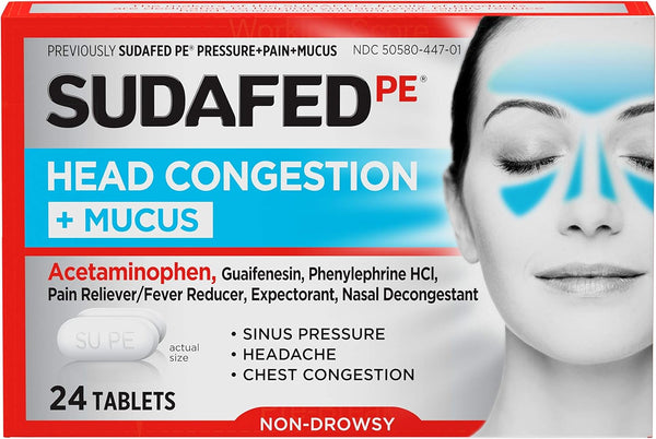 Sudafed PE Head Congestion + Mucus Relief Tablets, 24 ct