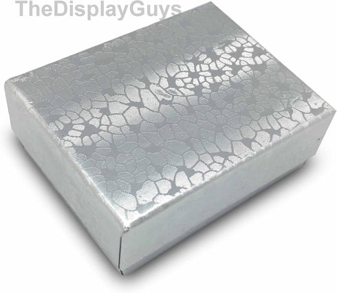 TheDisplayGuys 25-Pack #11 Cotton Filled Cardboard Paper Jewelry Boxes, Silver Foil Gift Case (2.1" x 1.8" x 0.8")