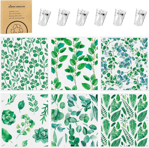 6 Pack Swedish Dishcloths for Kitchen - Green Leave Patterns, Reusable, No Odor, with Adhesive Clips