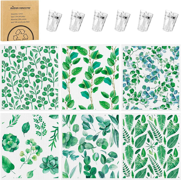 6 Pack Swedish Dishcloths for Kitchen - Green Leave Patterns, Reusable, No Odor, with Adhesive Clips