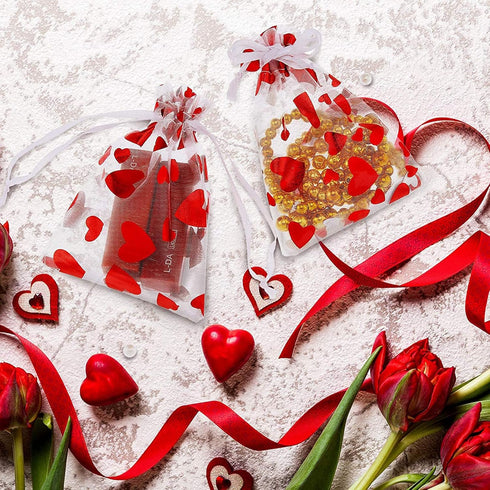SIROGOGO 50 Pieces Heart Candy Bags, Organza Jewelry Pouches for Jewelry Packaging, Valentine's Day Party Supply