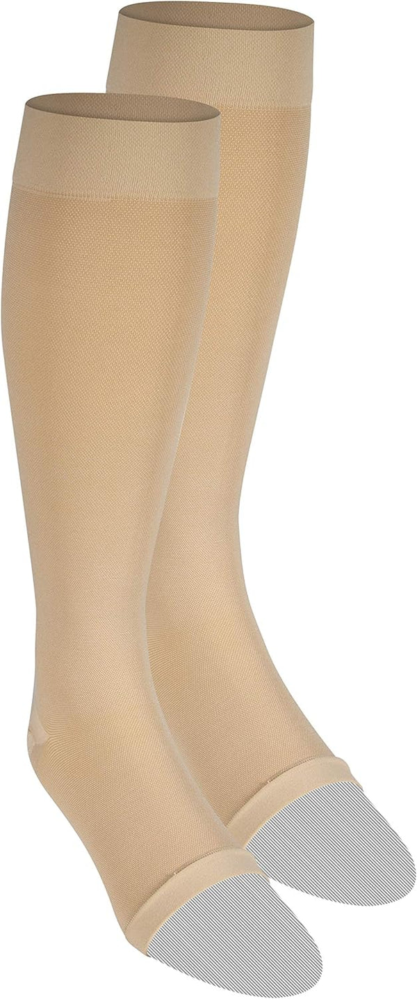 NuVein Medical Compression Stockings, 20-30 mmHg Support for Women & Men, Knee Length, Open Toe, Large, Beige