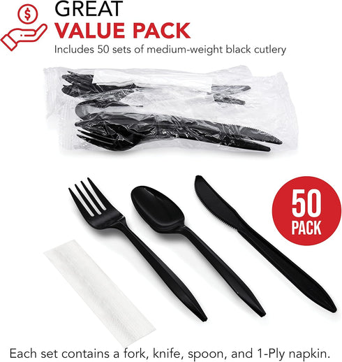 Party Essentials Individually Wrapped Plastic Cutlery Packets, 50 Sets of Black Forks, Spoons, Knives, Napkins