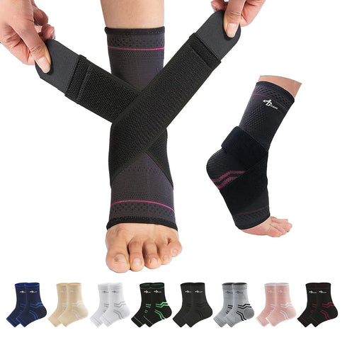 ABIRAM Ankle Brace for Women & Men - Compression Sleeve with Strap (1 Pair), Ankle Support for Sprained Foot & Plantar