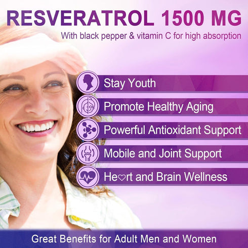 Resveratrol Gummies 1500mg - Sugar Free Supplement with Quercetin, Grape Seed, Acai Berries Extracts for Antioxidant,