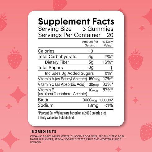 Gummies 60 Count Bellway Super Fiber + Beauty Sugar Free Fiber Supplement with Biotin & Vitamins A C E Supports