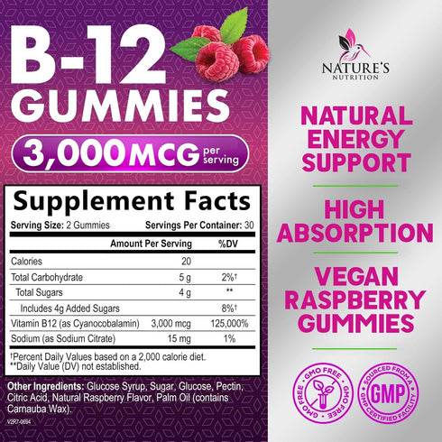 B12 Gummies for Adults, Extra Strength Energy 3000 mcg, Chewable Dietary Supplement for Metabolism & Immune Support