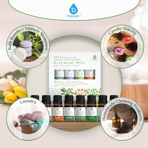 Set 8 Set 10ml Pursonic Essential Oils - Aromatherapy Oils Blends Gift - Pure Essential Oils for Diffusers, Home