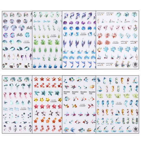 Sea Animals Nail Art Adhesive Sticker, 3D Self-Adhesive Decals, Holographic Shell Fish Jellyfish Decoration
