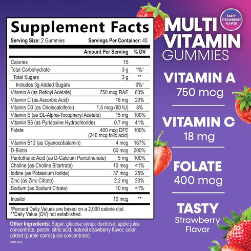 Multivitamin Gummies for Adults - Daily Gummy Vitamins & Minerals for Women & Men, Immune Support, 90 Gummies