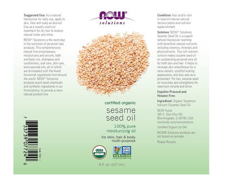 NOW Foods Solutions Organic Sesame Seed Oil, 100% Pure Moisturizing Oil for Skin and Hair, 8-Ounce