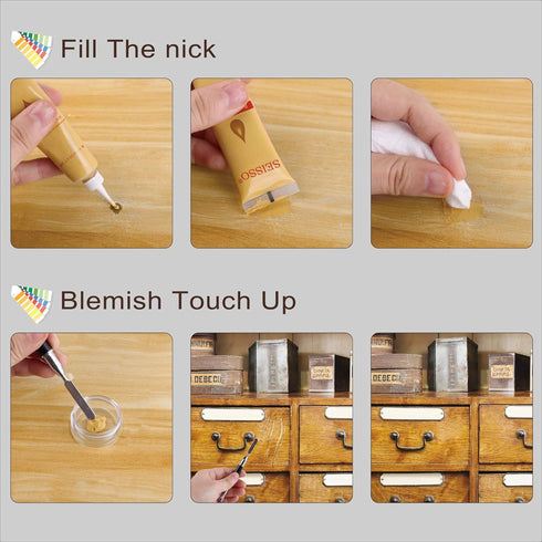 Wood Furniture Repair Kit and Filler Set of 50 with Brushes, Plastic Scraper, 24 Colors for Stains, Scratches, Tables