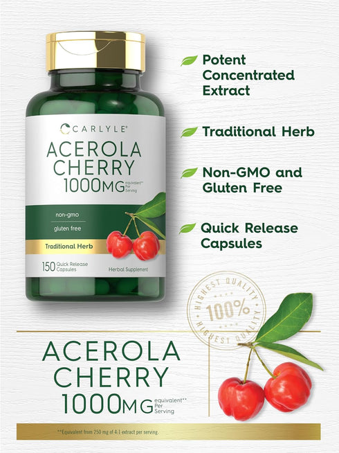 Carlyle Acerola Cherry Capsules, 1000mg, 150 Count, Non-GMO & Gluten Free