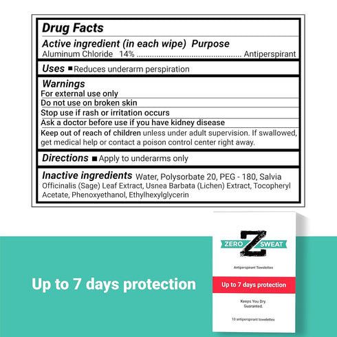 ZeroSweat Antiperspirant Wipes, Clinical Strength Hyperhidrosis Treatment, Reduces Armpit Sweat, 10 Wipes New & Improved