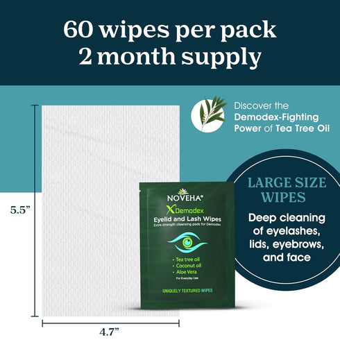 NOVEHA Demodex Eyelid & Lash Wipes, Box of 60 Individually Wrapped Extra Strength Cleansing Wipes for Itchy Eyes