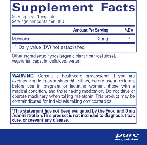 Pure Encapsulations Melatonin 3 mg - Antioxidant Supplement for Natural Sleep Support, 180 Capsules