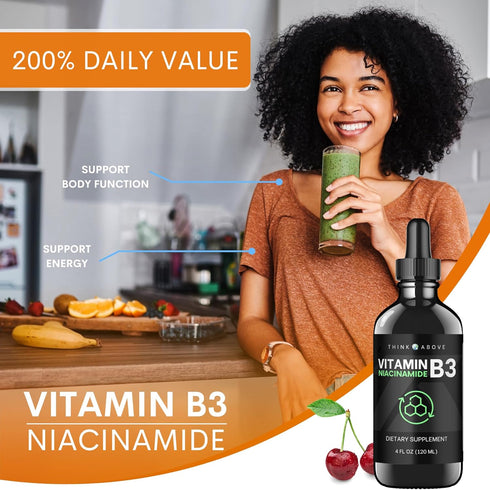 Liquid Vitamin B3 (as Niacinamide) Supplement - Non Flush Niacin Drops for Women and Men - 4 oz (120ml)