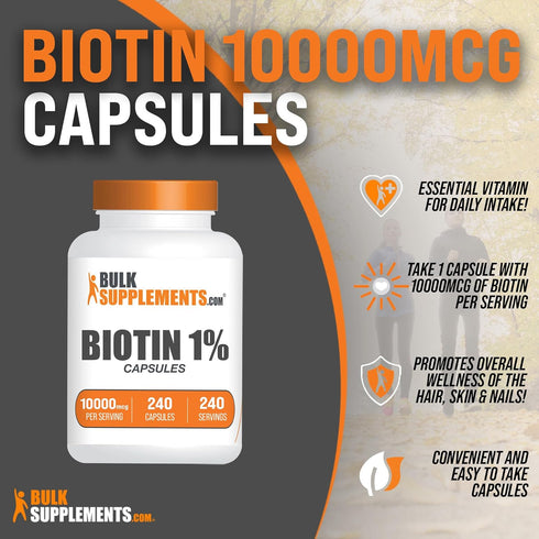 BulkSupplements.com Biotin 10000mcg Capsules, 240 Capsules - Vitamin B7 Biotin for Hair, Skin & Nails