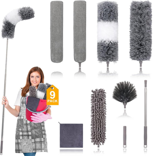 Microfiber Duster for Cleaning, 9PCS Extendable Feather Duster (Stainless Steel), 30 to 100 Inches