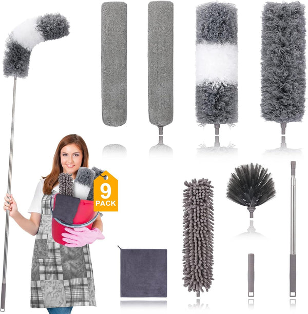 Microfiber Duster for Cleaning, 9PCS Extendable Feather Duster (Stainless Steel), 30 to 100 Inches