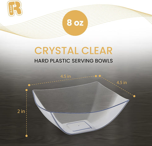 R-kay 6 Pack Square Plastic Serving Bowls, Clear Plastic 8 oz Bowls for Parties, Premium Clear Bowls