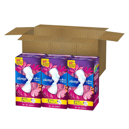 Always Radiant Feminine Pads for Women, Flexfoam Pads with Wings, Regular Absorbency, 90 Count
