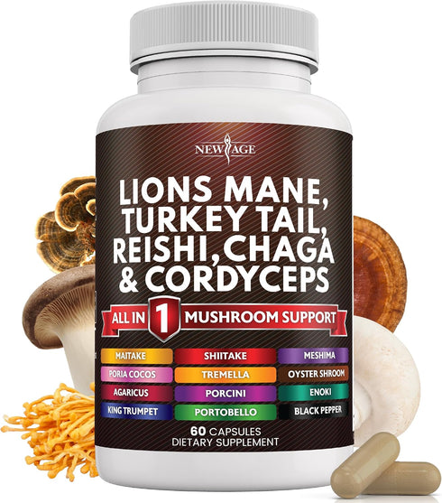 NEW AGE Lions Mane 3000mg 20in1 Mushroom Supplement with Turkey Tail 2000mg, Reishi 1000mg, Cordyceps, Chaga 1000mg &