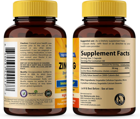 Sandhu Herbals Zinc 50mg Supplement for Men & Women | 60 Capsules | High Absorption Zinc Monomethionine