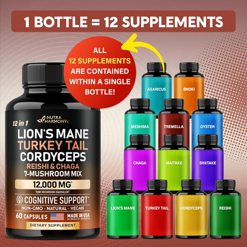 Mushroom Supplement - Organic Lion's Mane, Turkey Tail, Chaga, and More - 60 Capsules, 12-in-1 Complex
