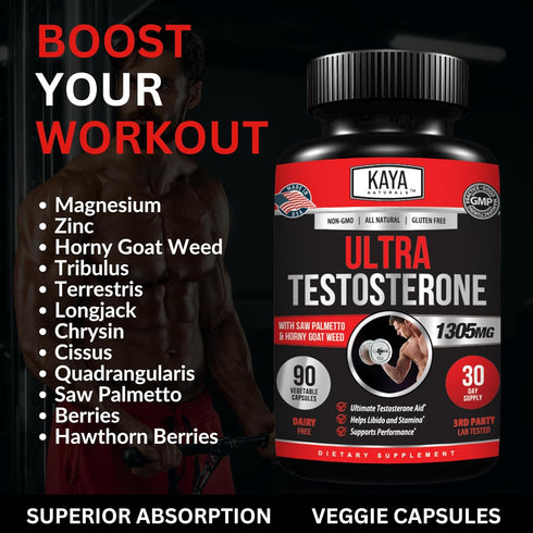 Kaya Naturals Ultra Testosterone - Men's Booster with Tongkat Ali, Horny Goat Weed, Tribulus - 90 Count
