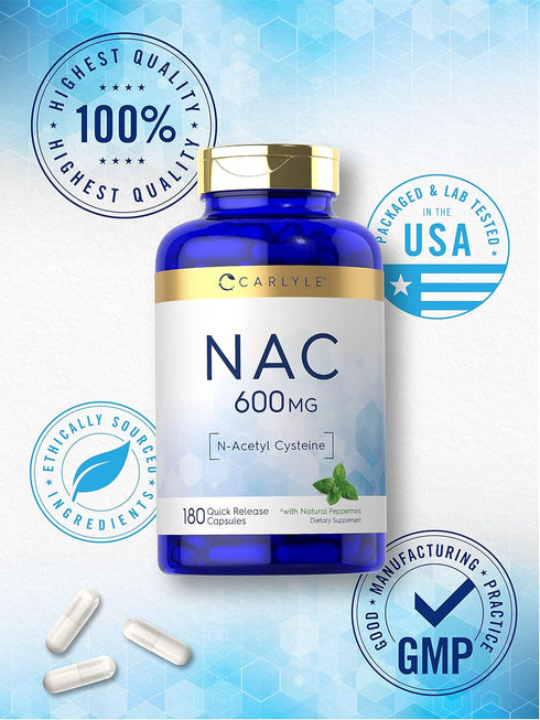 Carlyle NAC N-Acetyl Cysteine 600mg | 180 Capsules | with Peppermint | Non-GMO, Gluten Free
