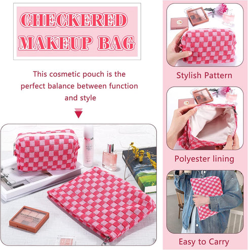 2Pcs Checkered Makeup Bag Set for Women, Large Cosmetic Bag, Travel Toiletry Pouch, Cute Pink Storage Organizer