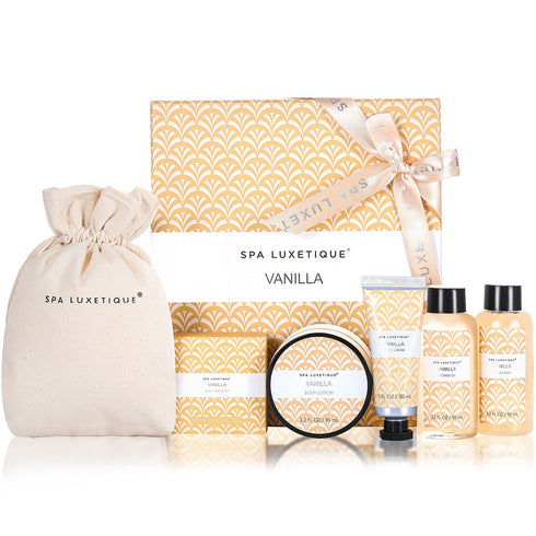 Spa Luxetique Spa Gifts for Women, 6pc Vanilla Gift Set with Body Lotion, Shower Gel, Bubble Bath, Hand Cream