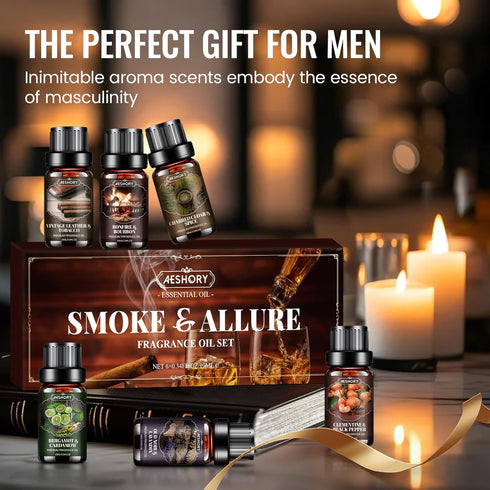 Set, Kit(6x10ML) Men Essential Oils Fragrance Oil for Diffuser, Leather, Tobacco, Cedar, Bourbon Whisky, Bergamot