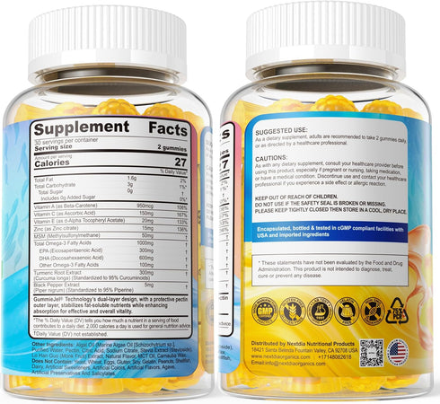 Omega-3 Gummies 1000mg 3 600mg 300mg, 60 Vegan + Turmeric - Omega Fish Oil Alternative for Adults - Algae DHA & EPA